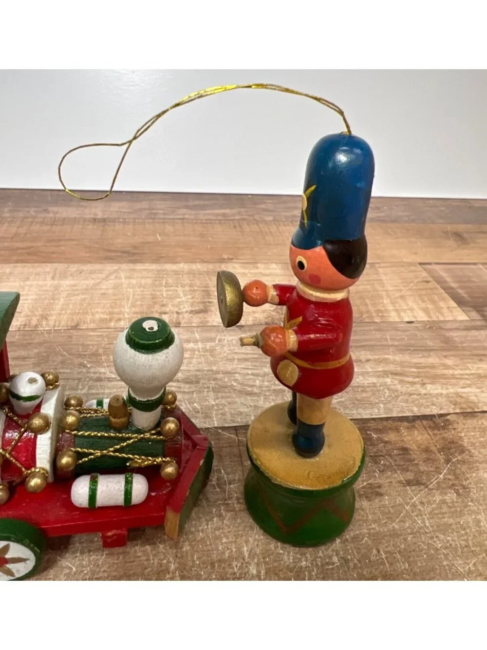Vtg Hand-Painted Wooden Train & Soldier Christmas Ornaments - Red Green & Gold